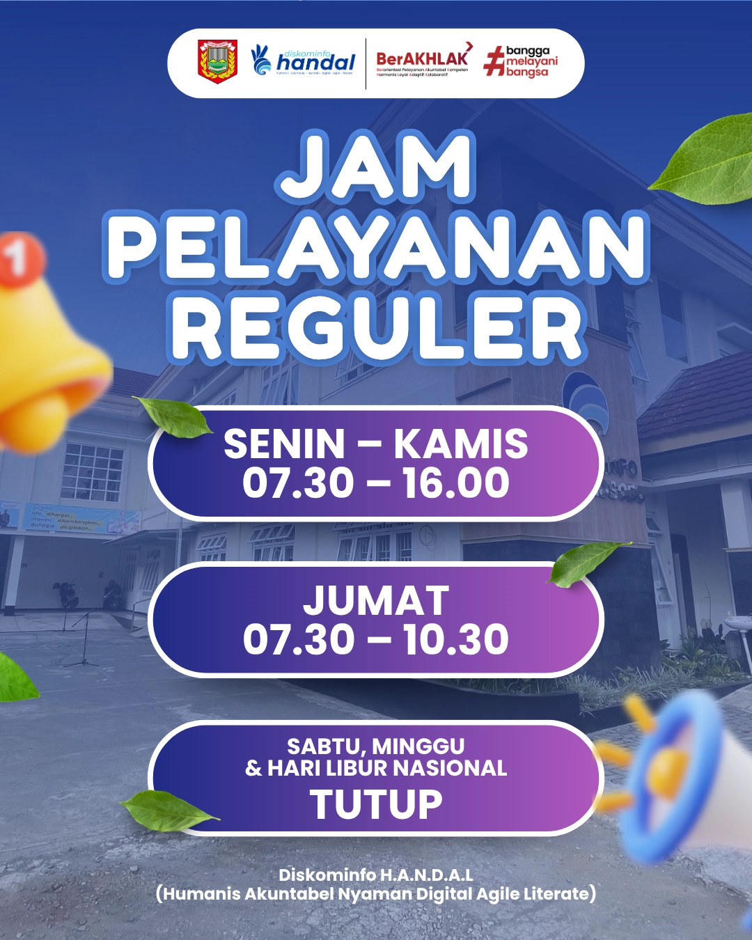 Jam pelayanan reguler Diskominfo Wonosobo: Senin sampai Kamis pukul 07.30–16.00, Jumat pukul 07.30–10.30, Sabtu, Minggu, dan hari libur nasional tutup.
